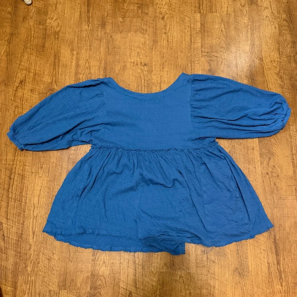 Free People FP Beach Peplum Top Womens L Blue Puff Sleeve Gauze Boho Chic Blouse